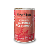 A can of First Mate dog food, specifically Wild Pacific Salmon & Rice Formula, on a clean white background.