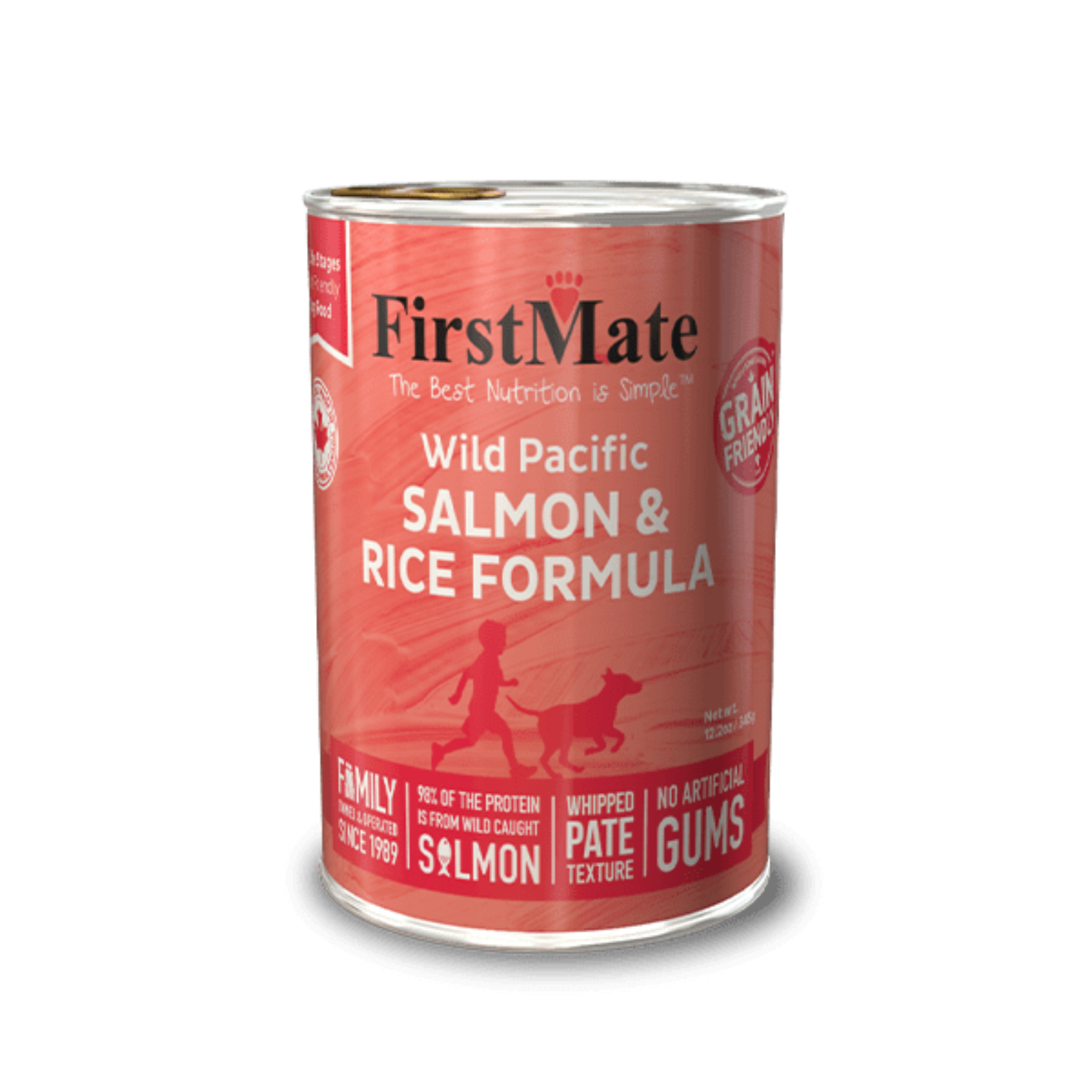 A can of First Mate dog food, specifically Wild Pacific Salmon & Rice Formula, on a clean white background.