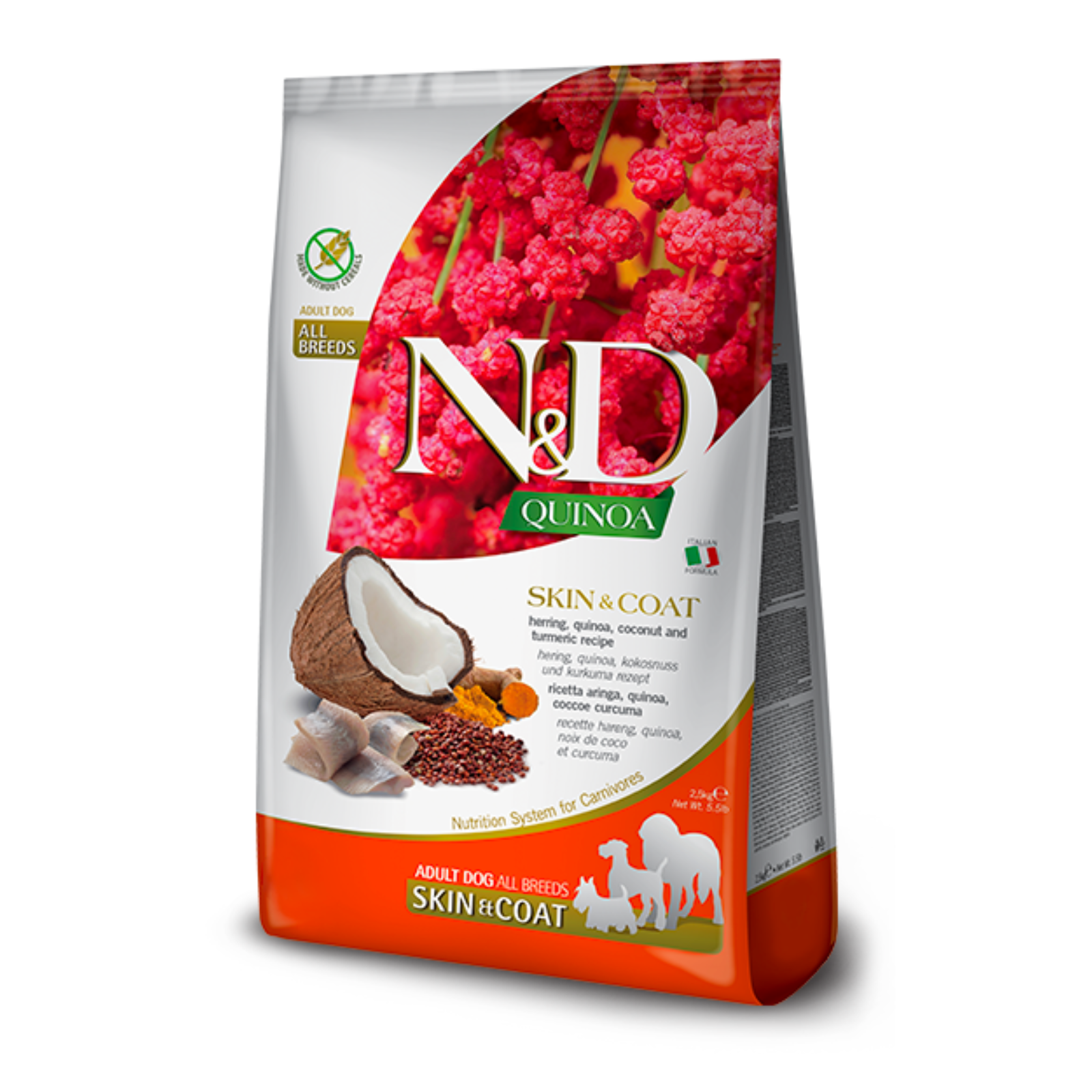 A bag of N&D Quinoa Skin & Coat pet food for dogs, featuring a white and orange package design with a red quinoa graphic and illustrations of a coconut and grains.