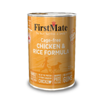 A can of FirstMate Chicken & Rice Formula dog food, featuring an orange label with white and black text, set against a plain white background.