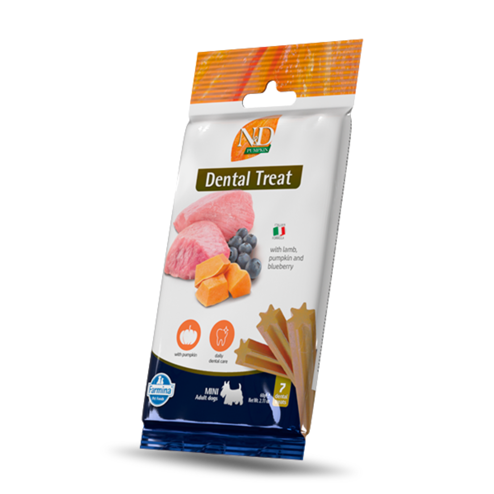ND Pets Dental Treats for dogs in a white, orange, and blue resealable pouch, featuring illustrations of lamb, blueberries, pumpkin, and dog treats.