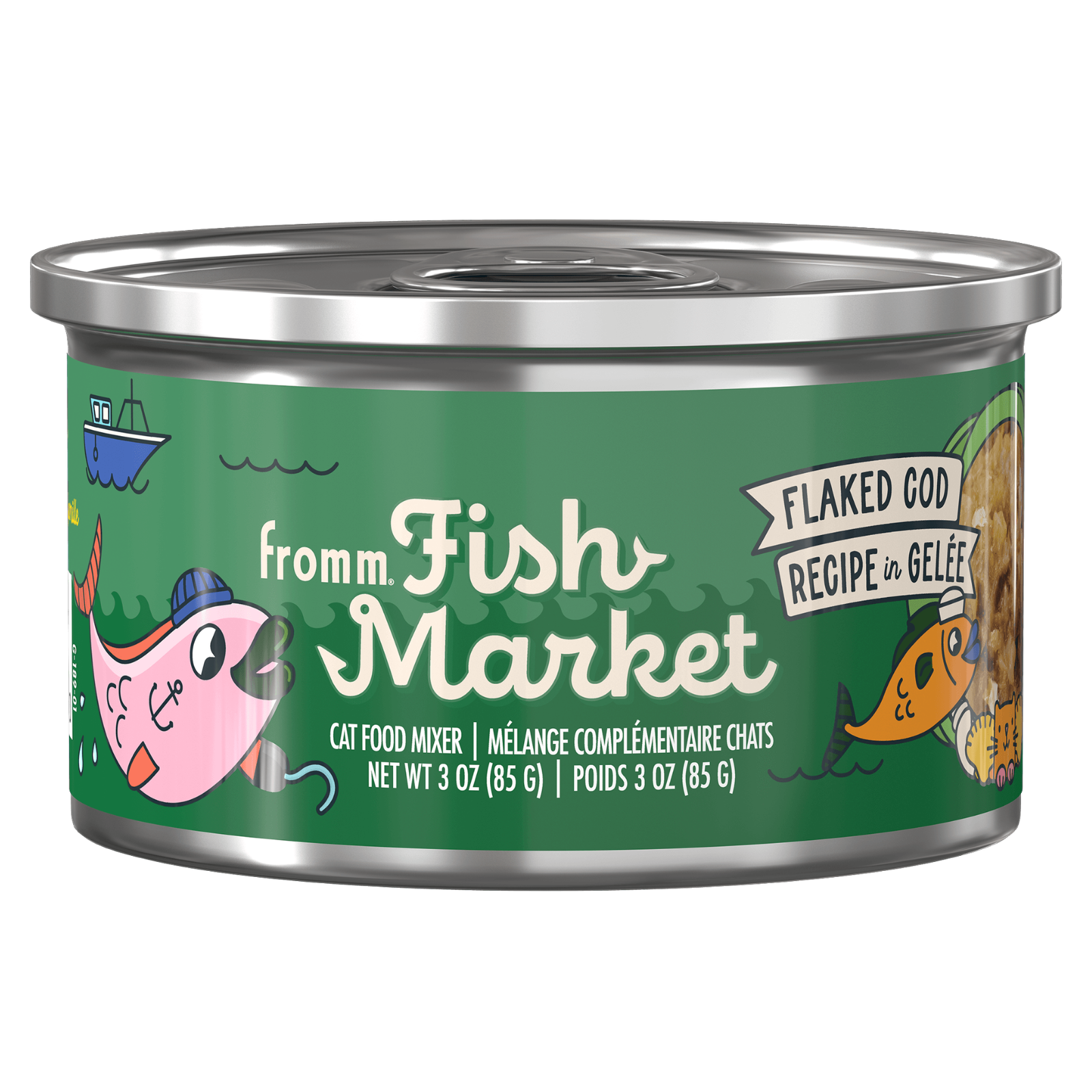 A 3 oz can of fromm Fish Market Flaked God cat food mixer, featuring a green label with cartoon fish illustrations and a silver metal can.