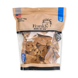 A package of Frankly Original Beef Chew dog treats in a clear resealable bag with a tan printed header and blue accents, photographed on a white background.