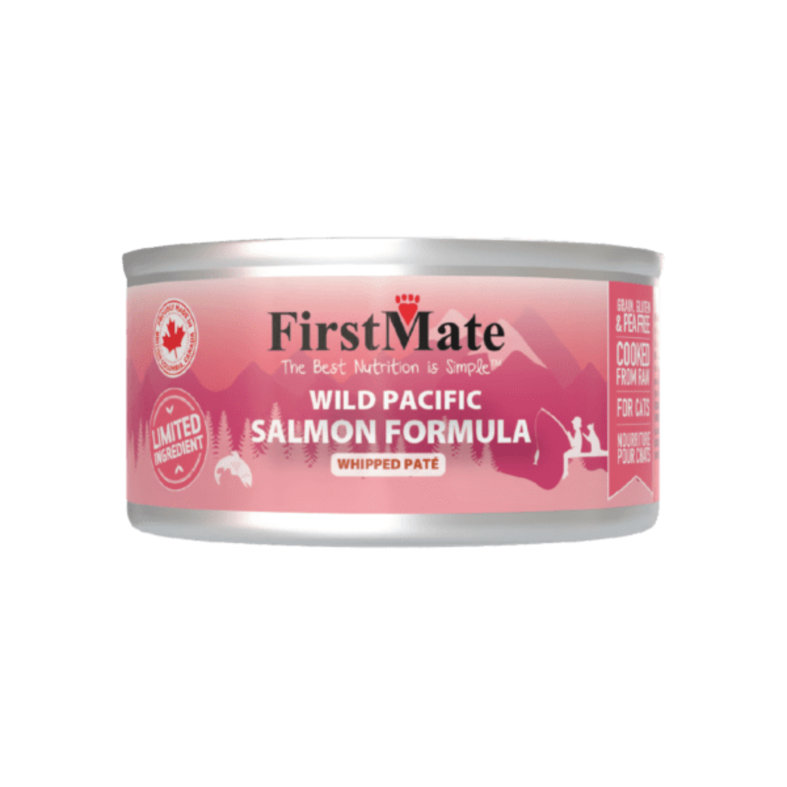 A can of First Mate Wild Pacific Salmon Formula wet cat food, featuring a pink label with white text and silhouettes of mountains and a fisherman, on a solid white background.