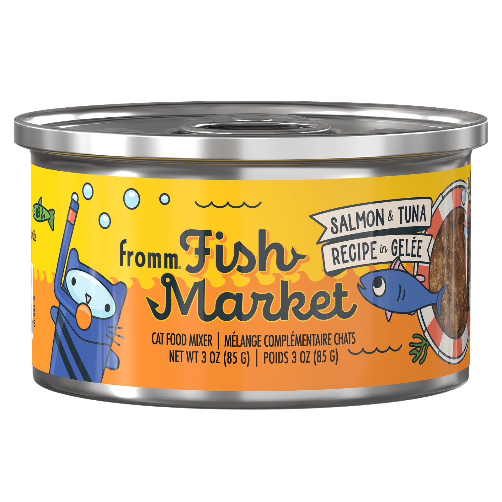 A can of fromm Fish Market Salmon & Tuna cat food mixer, featuring a bright yellow and orange label with cartoon illustrations of a blue fish and a cat in scuba gear.
