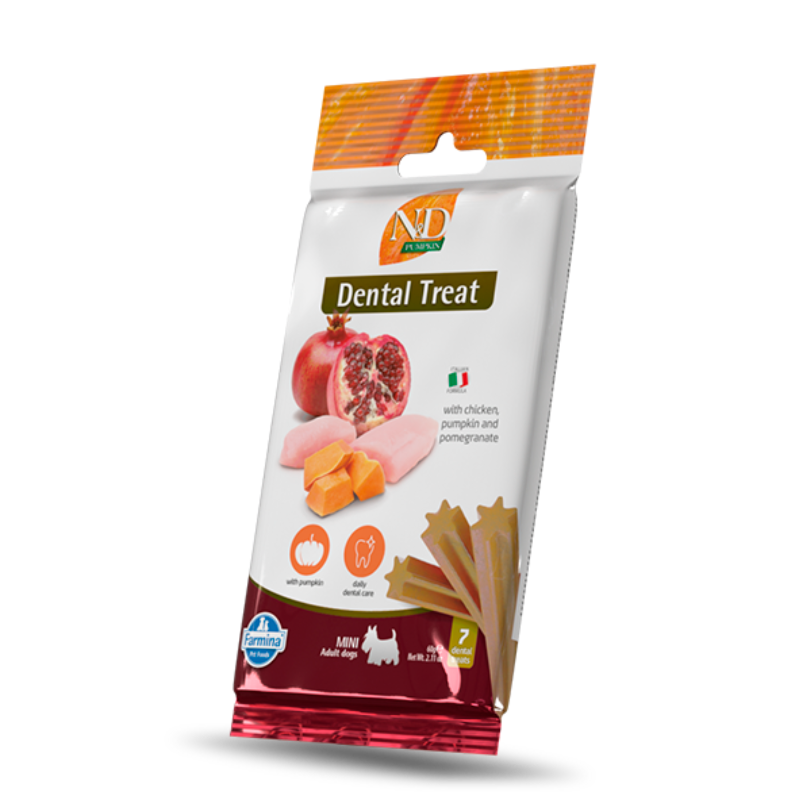 Dog dental treat package with pomegranate and pumpkin on a white background