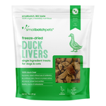 Green package of smallbatchpets freeze-dried duck livers treats for pets on a white background
