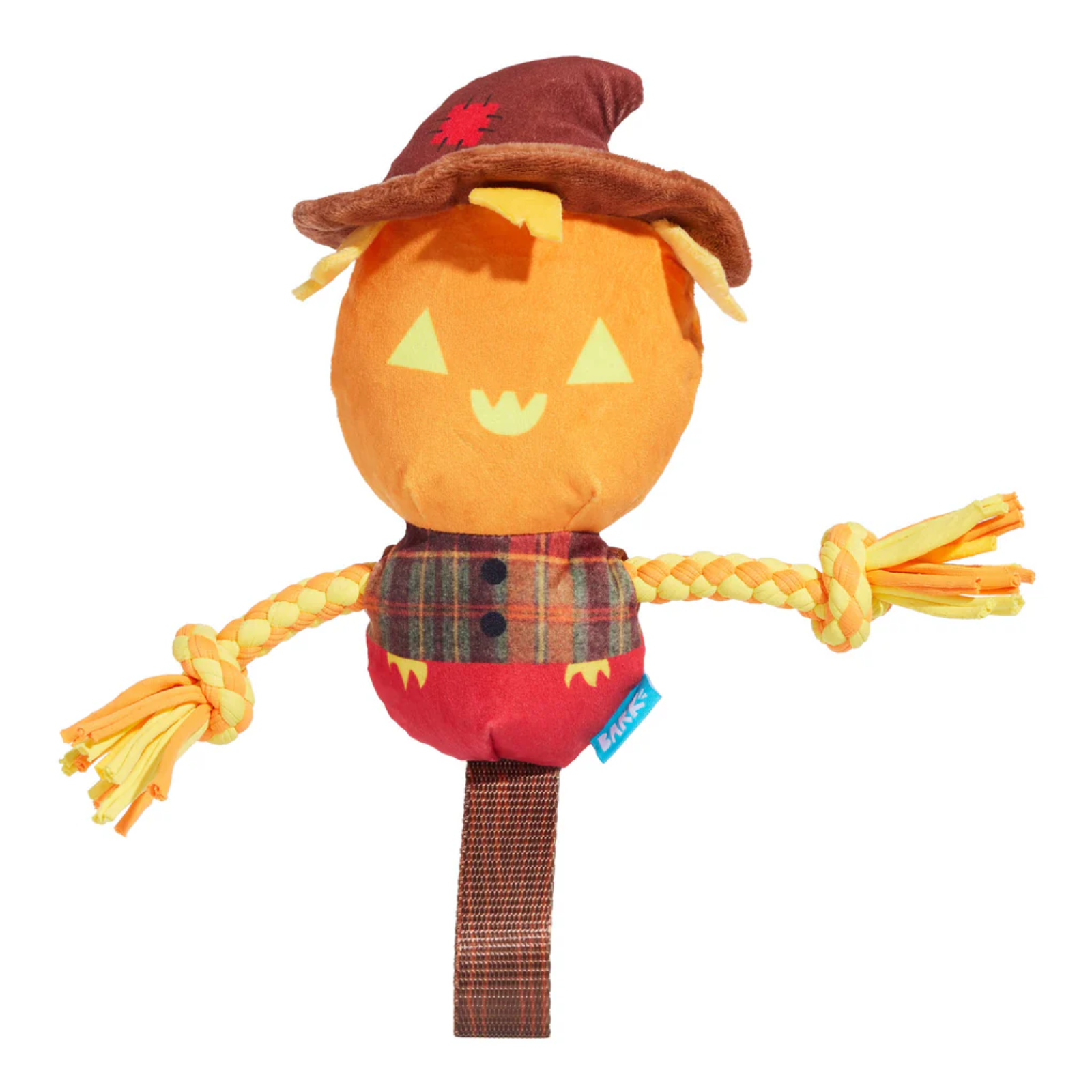 A plush scarecrow dog toy with an orange pumpkin head, brown hat, yellow braided straw arms, and a red plaid shirt, shown on a plain white background.