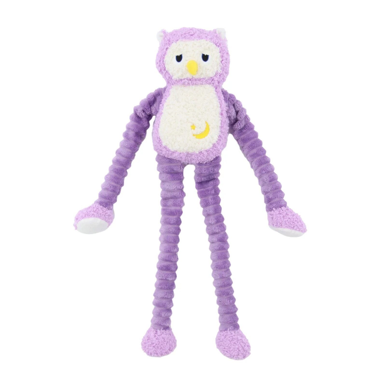 A purple and white plush owl toy with long, ribbed snake-like legs and arms, featuring a yellow crescent moon on its belly, set against a plain white background.