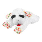 White plush toy with colorful leaf patterns on a white background