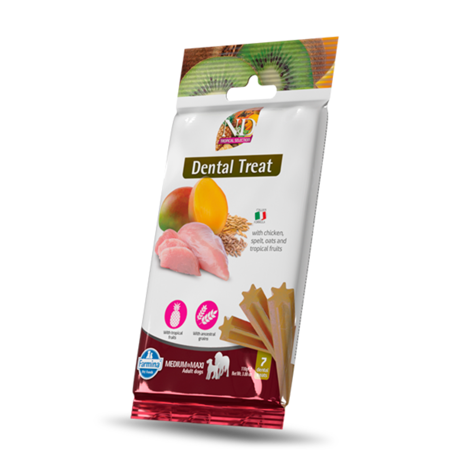 A package of Vettrano Dental Treat for adult dogs, featuring chicken, squid, and kelp extract flavors. The white bag has colorful graphics of kiwi, mango, chicken, and kelp sticks, and is sealed in a red bottom crimp.