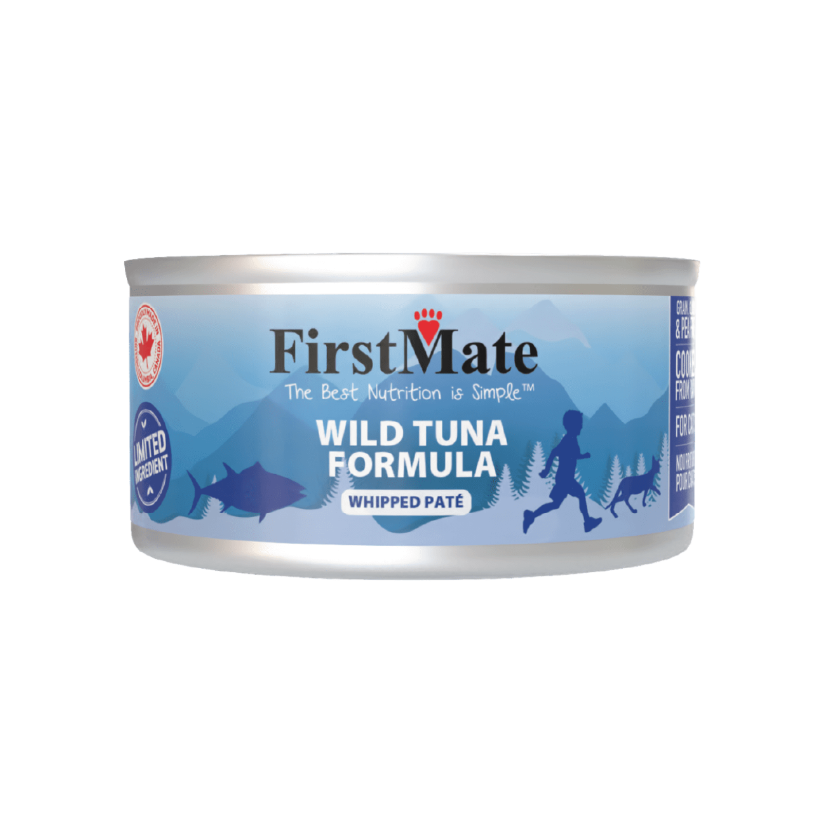 A can of First Mate Wild Tuna Formula Whipped Pate wet cat food, featuring a light blue label with a mountain and cat graphic, on a solid white background.