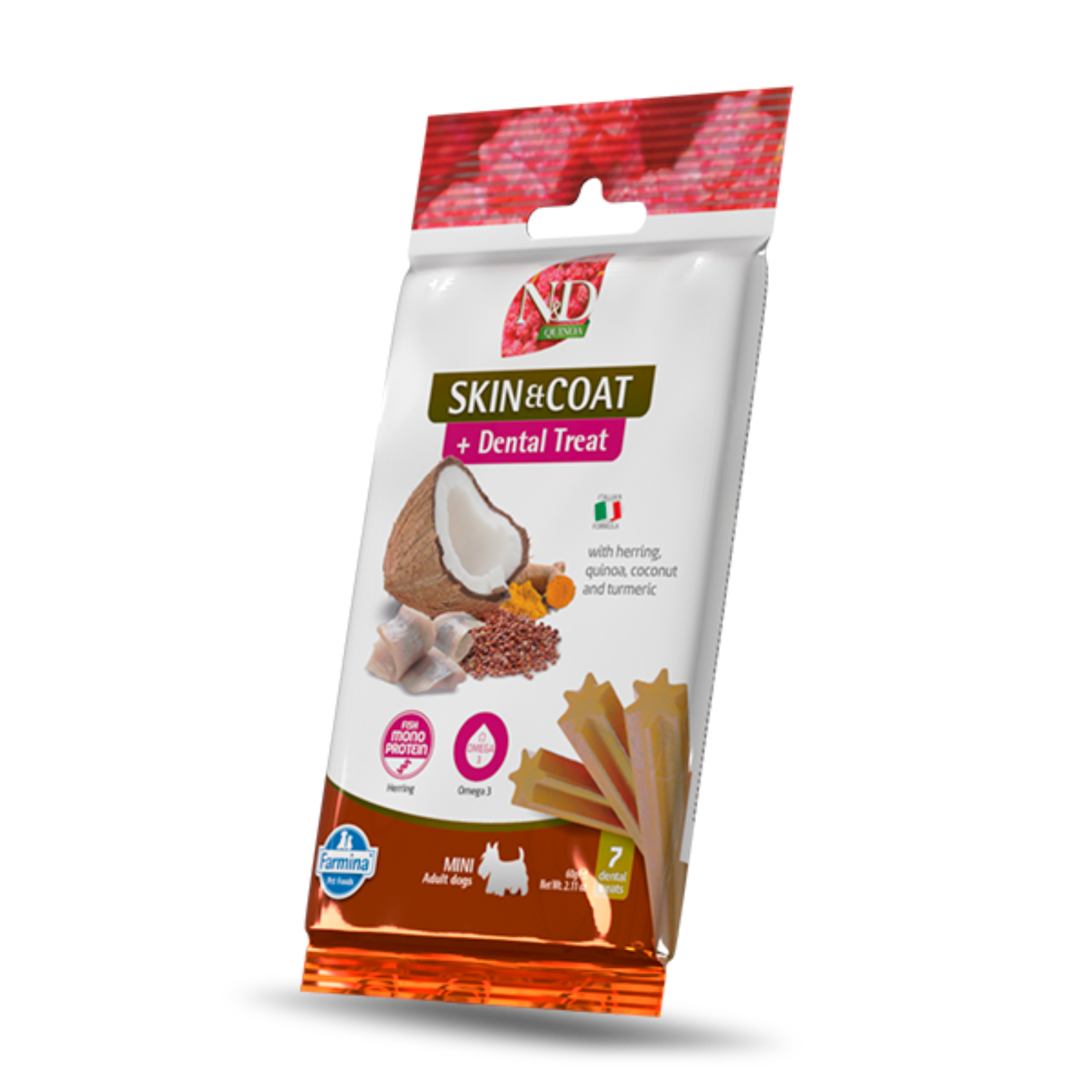 Package of N&D Skin & Coat + Dental Treats for dogs on a white background