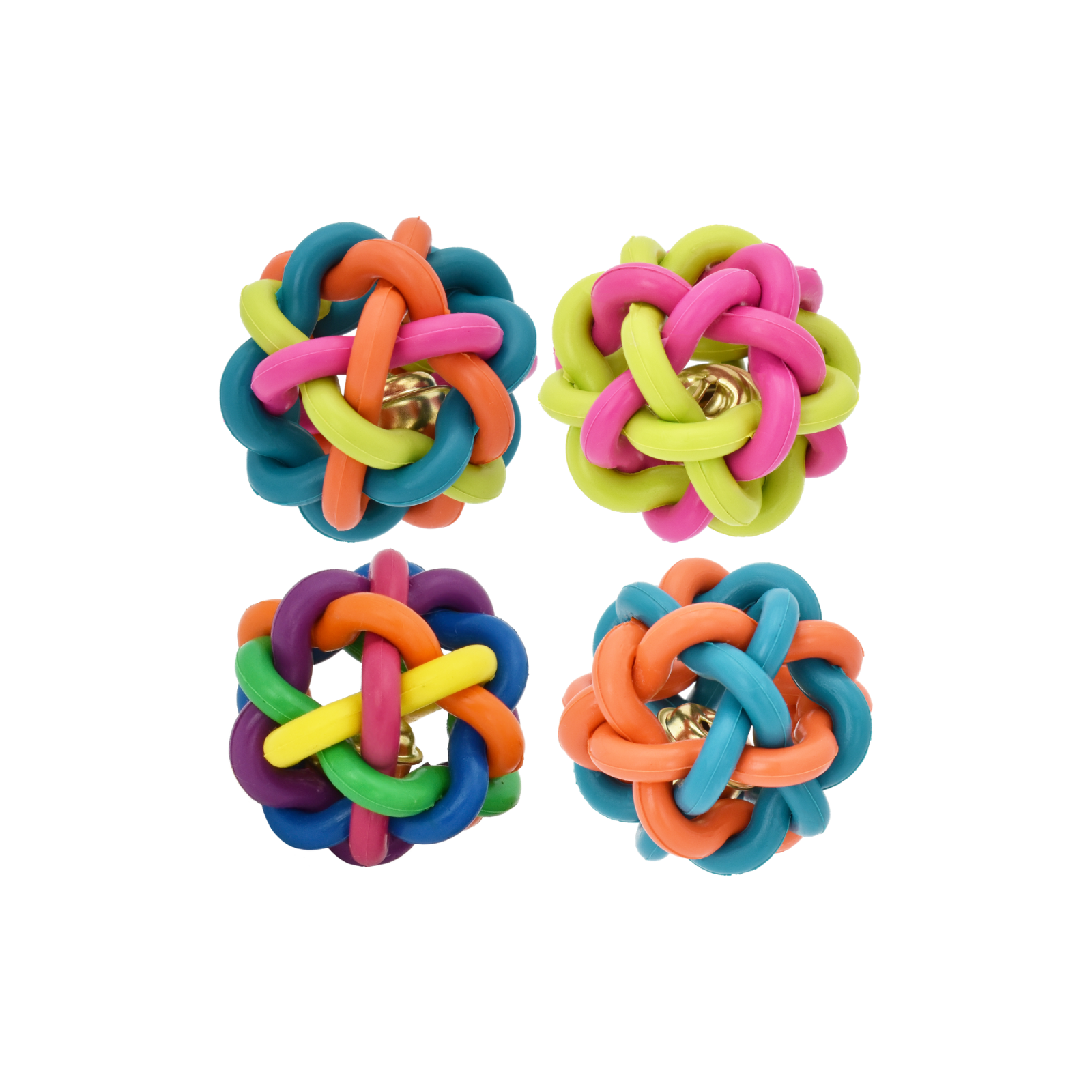 Four colorful braided ball-shaped accessories arranged in a 2x2 grid on a plain white background. Each piece is made of interwoven elastic-like strands in multiple bright colors, including blue, teal, pink, lime green, orange, yellow, purple, and some with small gold metal centers.