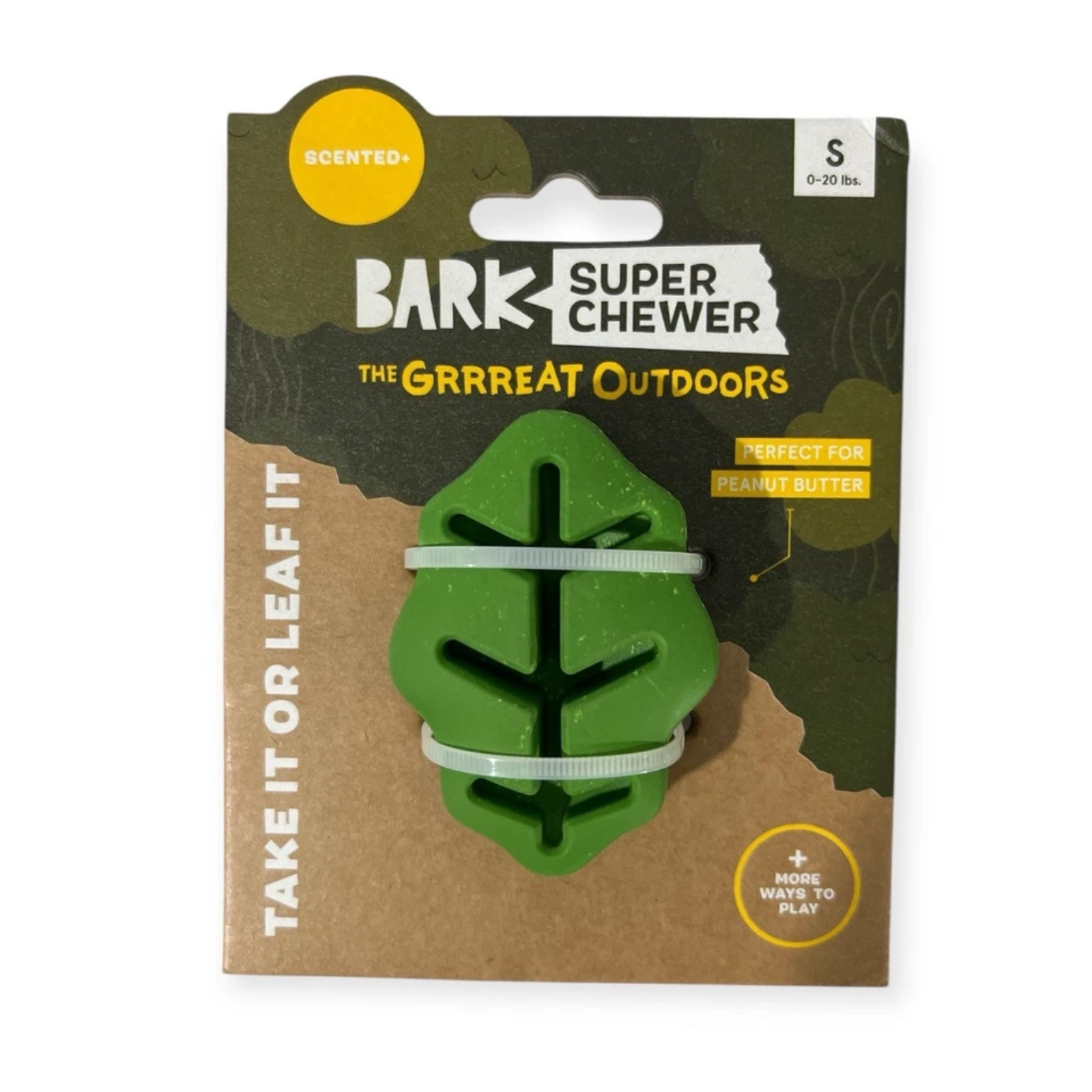 Bark Super Chewer dog chew toy in a green leaf shape, packaged on a brown and camouflage cardboard backing with branding and product details.