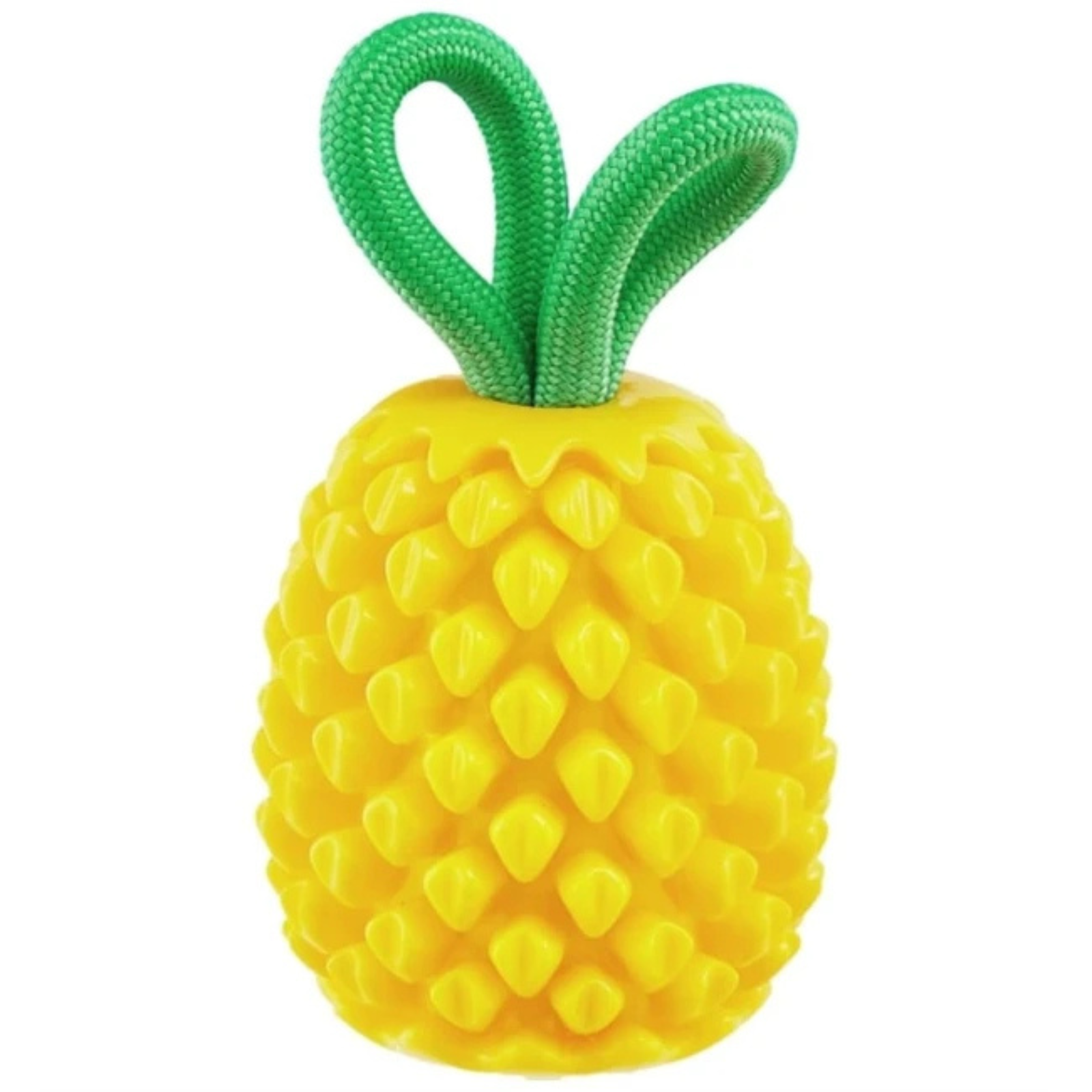 A yellow textured pineapple-shaped dog toy with green rope stems, isolated on a white background.