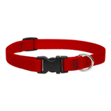 Red dog collar with a black buckle and silver ring on a white background
