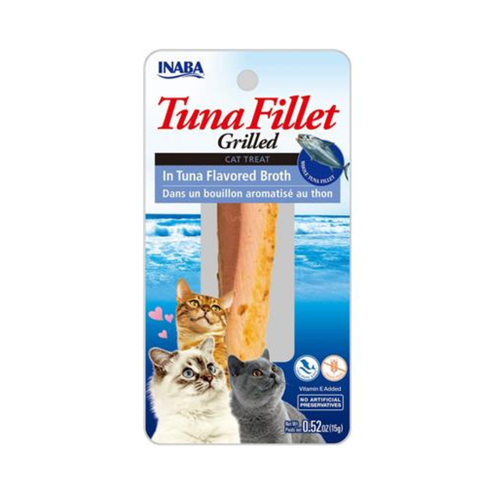 INABA Tuna Fillet Grilled cat treat in a blue and white retail package, featuring a vertical tuna stick and images of a cat and fish.