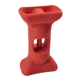 A red silicone baby teether or chew toy with a textured, molded surface, shown on a plain white background.