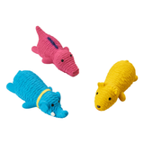 Three textured rubber alligator toy dog toys in pink, blue, and yellow, arranged on a plain white background.
