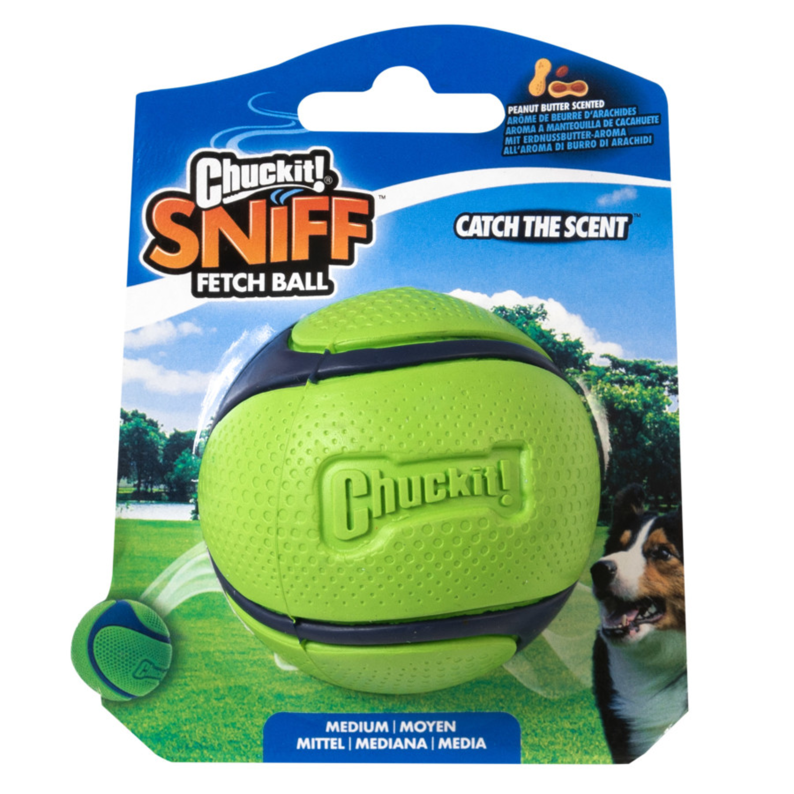 Chucky! Sniff Fetch Ball dog toy in bright lime green with black trim, shown on its retail blister card with a dog photo and outdoor scene background.