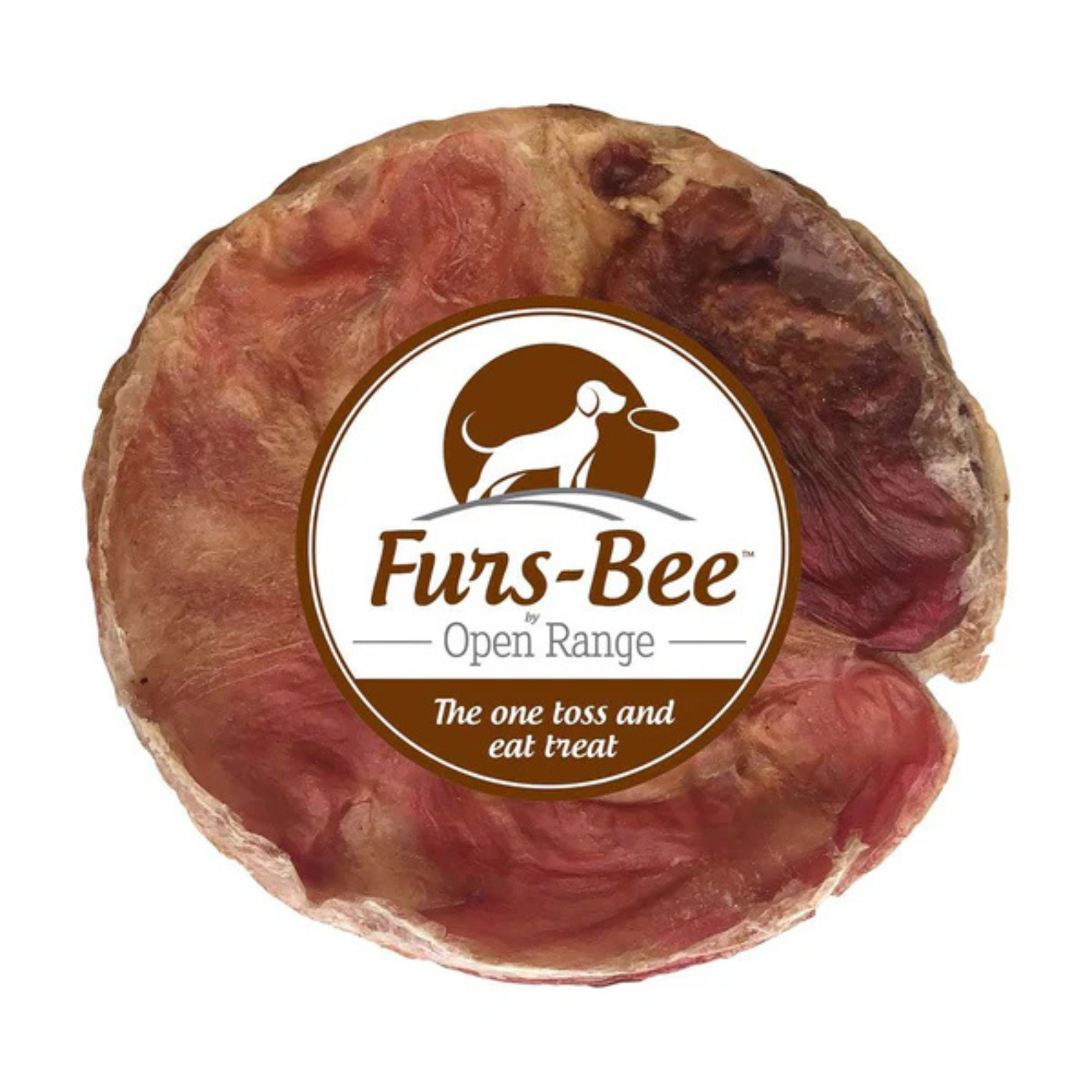 Round dog treat with Furs-Bee Open Range logo on a white background