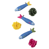 Three blue striped fish-shaped cat toys with different colored tails and three matching fringed pom-pom toys in yellow, green, and pink, arranged on a plain white background.