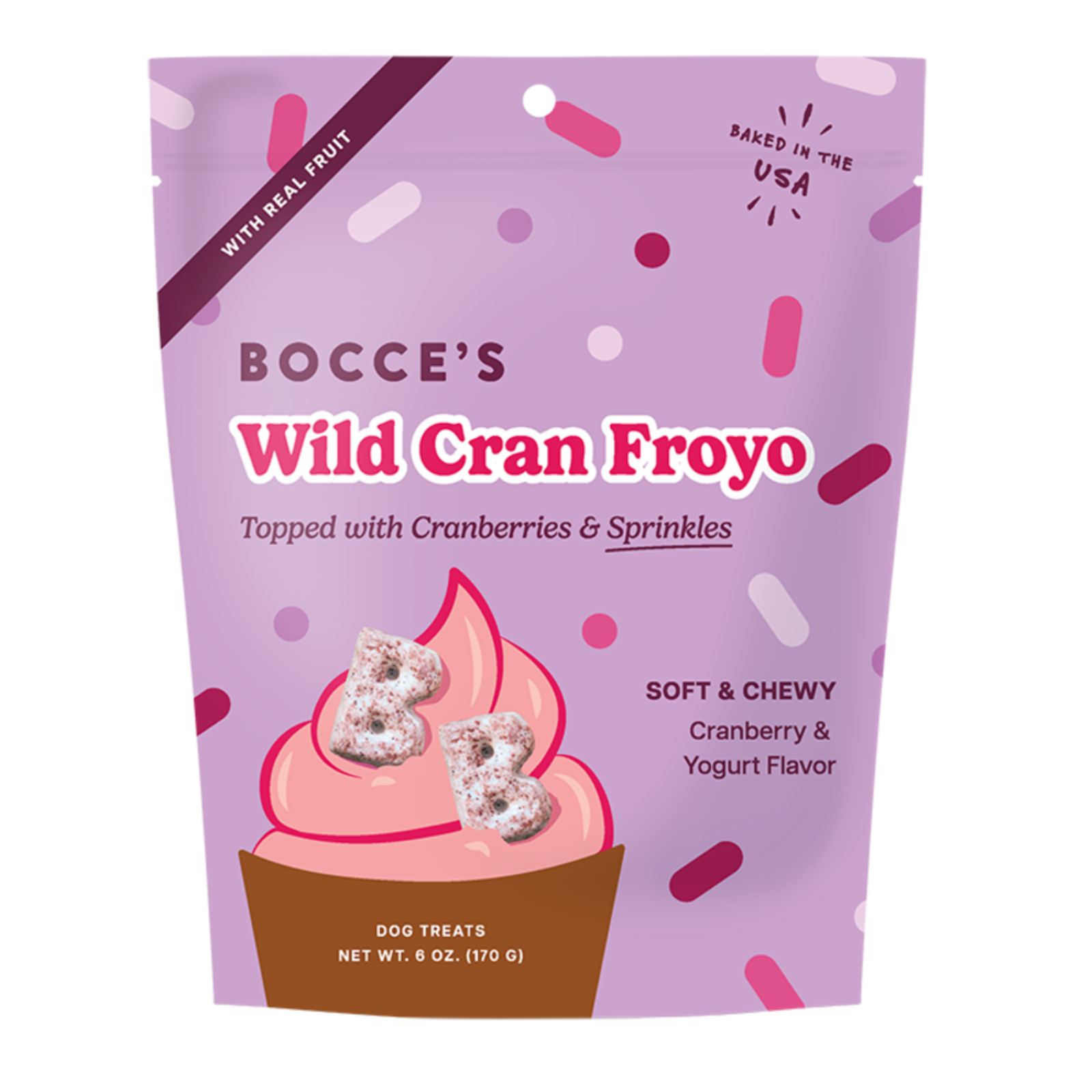 Bocce's Wild Cran Froyo dog treats packaging on a white background
