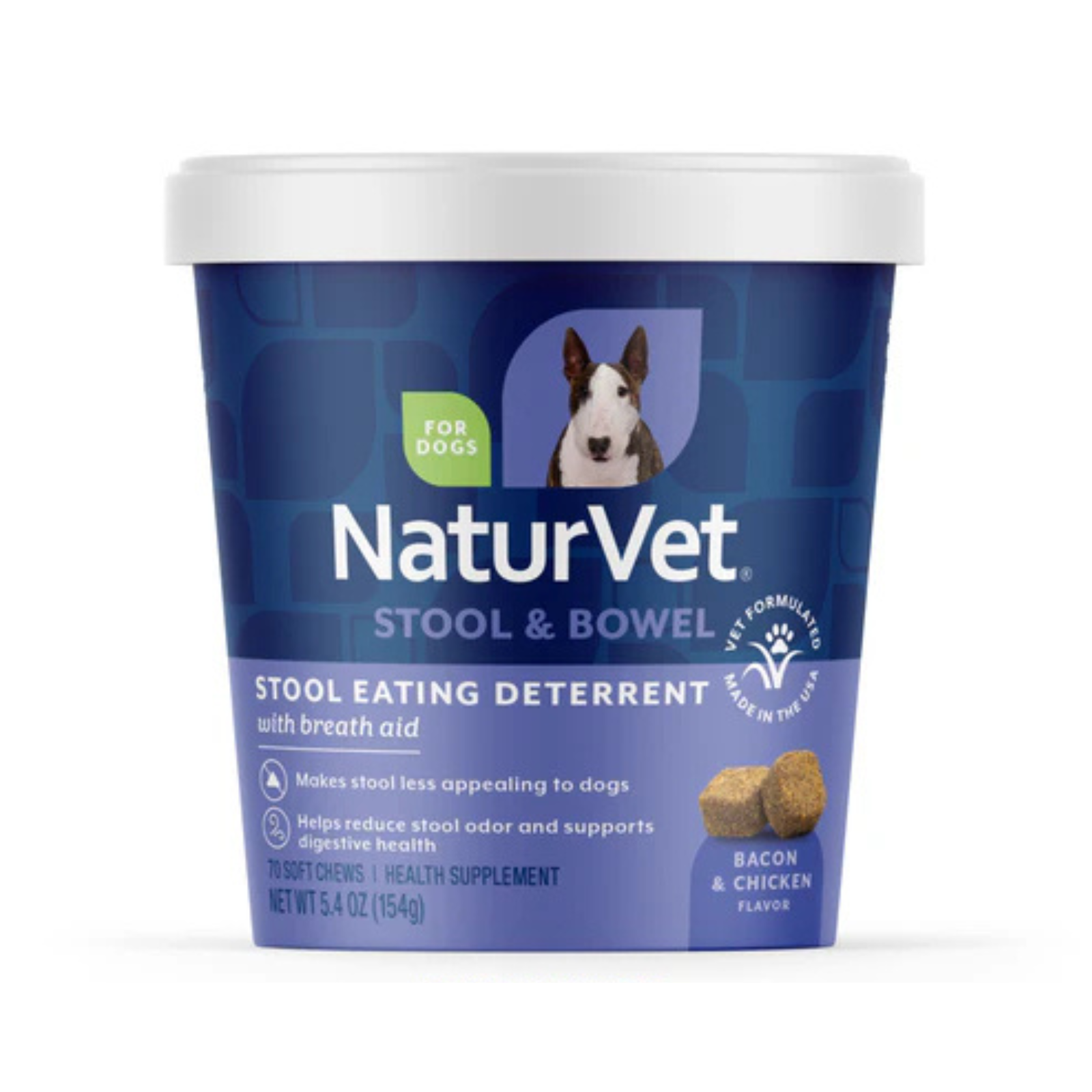 A tub of NaturVet Stool & Bowel stool eating deterrent for dogs, featuring a blue label with a white lid, shown on a white background.
