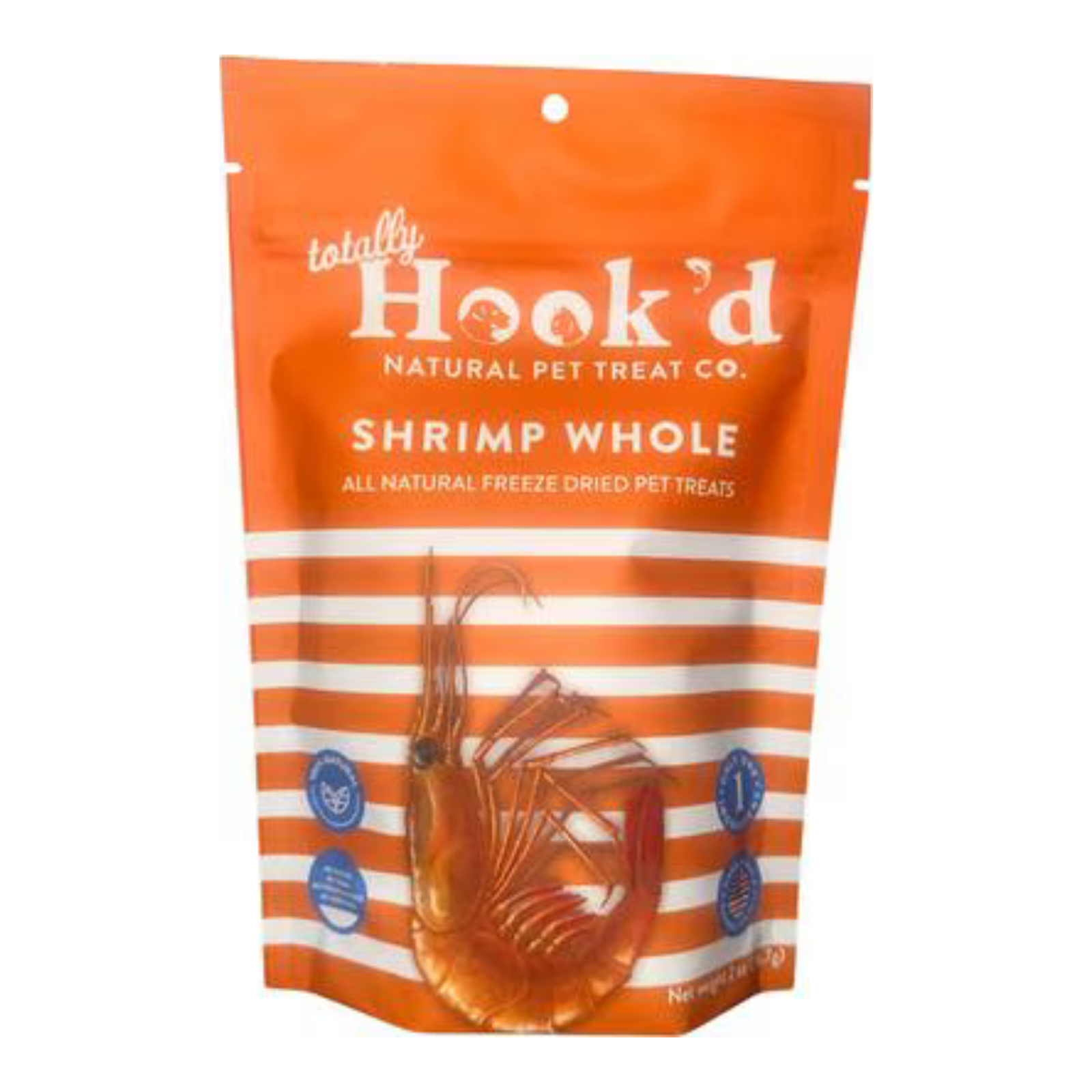 A stand-up pouch of totally Hook'd Natural Pet Treat Co. Shrimp Whole freeze dried pet treats, featuring an orange and white striped design with a large shrimp graphic on the front.