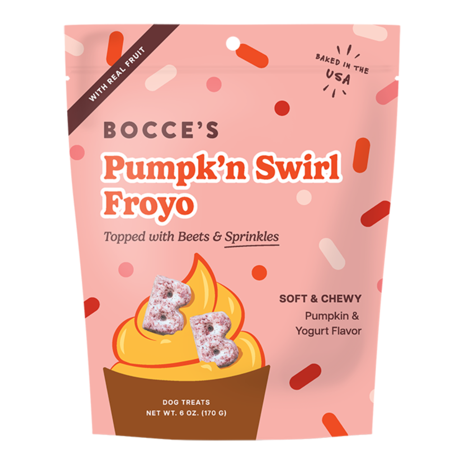 Pink package of Bocce's Pumpkin 'n Swirl Froyo dog treats with text and graphics.