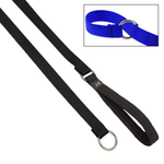 A black nylon strap with a silver metal D-ring and a padded black handle, shown on a white background with a small inset image of a blue version of the same strap.