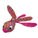 A colorful plush rabbit toy with a pink, orange, and green patterned fabric body, long floppy ears, and a bright pink nose and inner ears, shown on a plain white background.