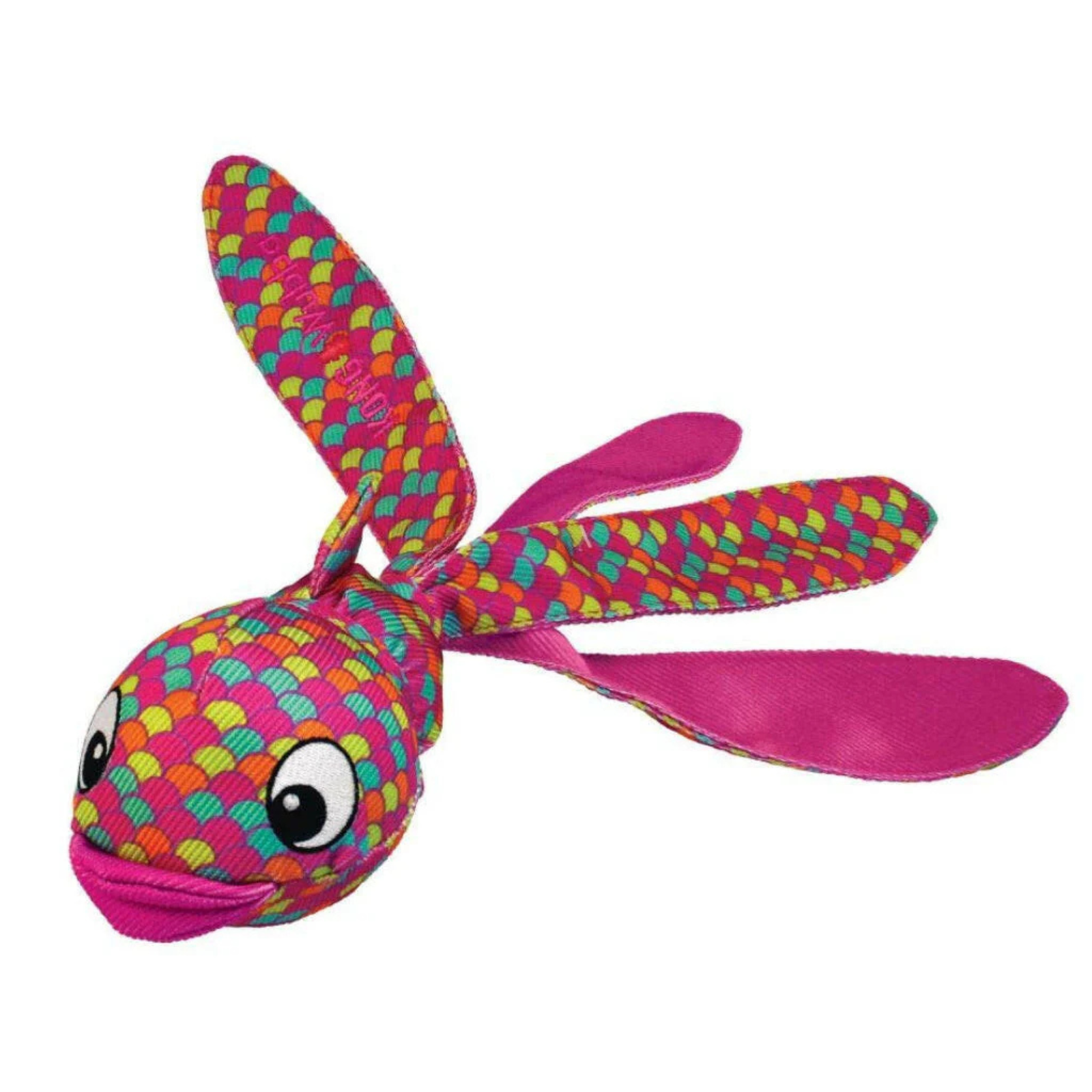 A colorful plush rabbit toy with a pink, orange, and green patterned fabric body, long floppy ears, and a bright pink nose and inner ears, shown on a plain white background.