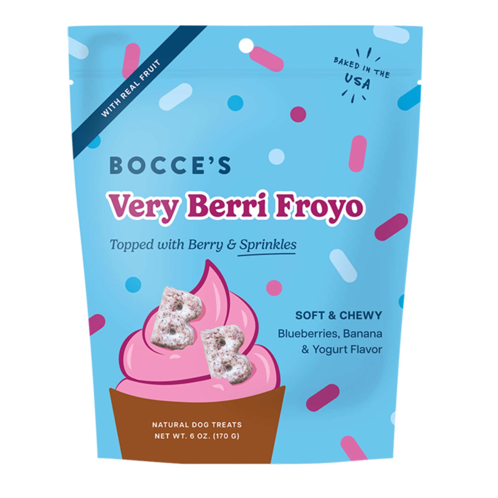 Bocce's Very Berri Froyo dog treat package with blue background and pink ice cream illustration.