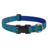 A dog collar with a blue and green geometric patterned exterior, a solid blue inner band, and a black plastic quick-release buckle with a silver metal ring.