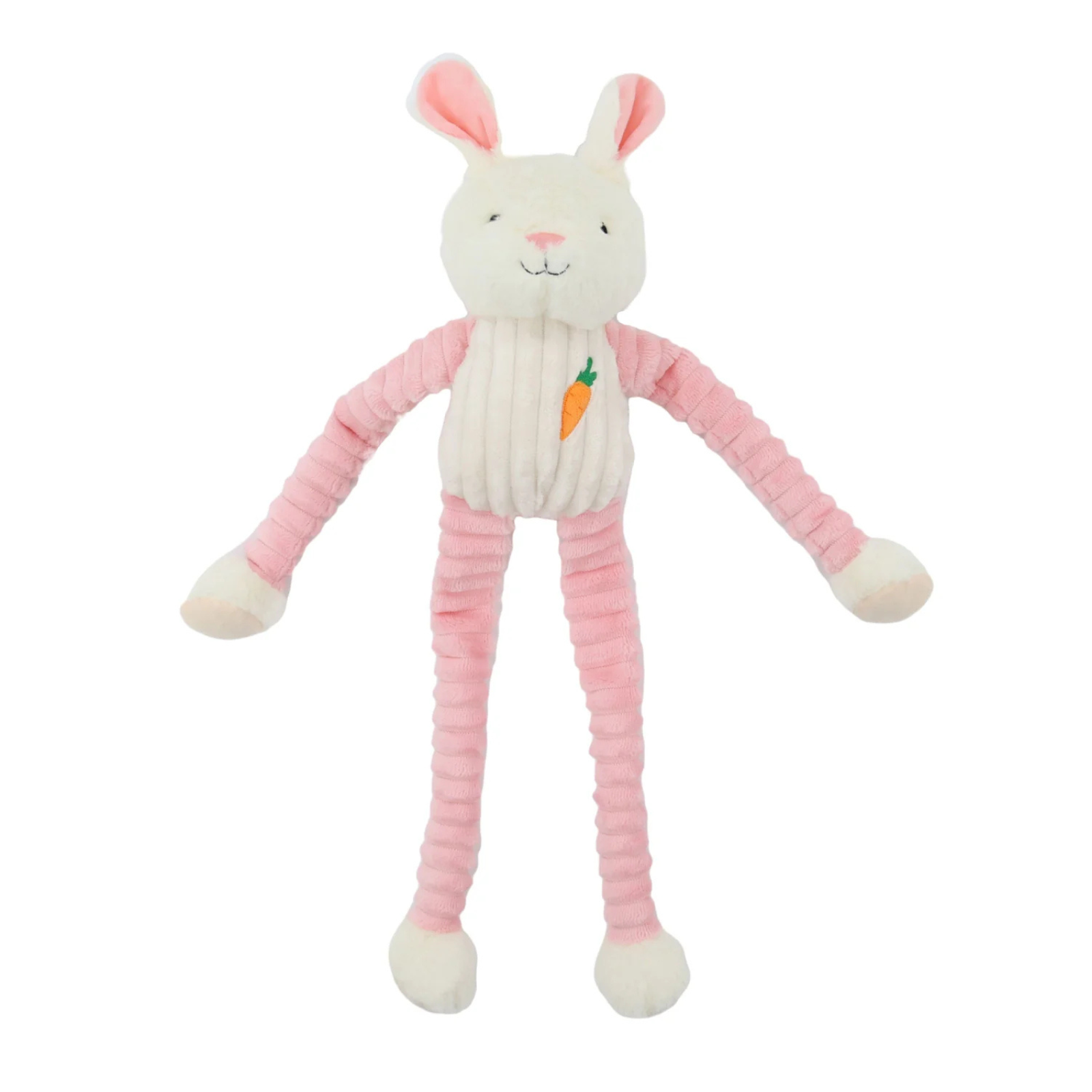 A plush bunny dog toy with long pink and white striped rubber legs and arms, a cream-colored plush bunny head, and an embroidered orange carrot on its chest, shown against a plain white background.