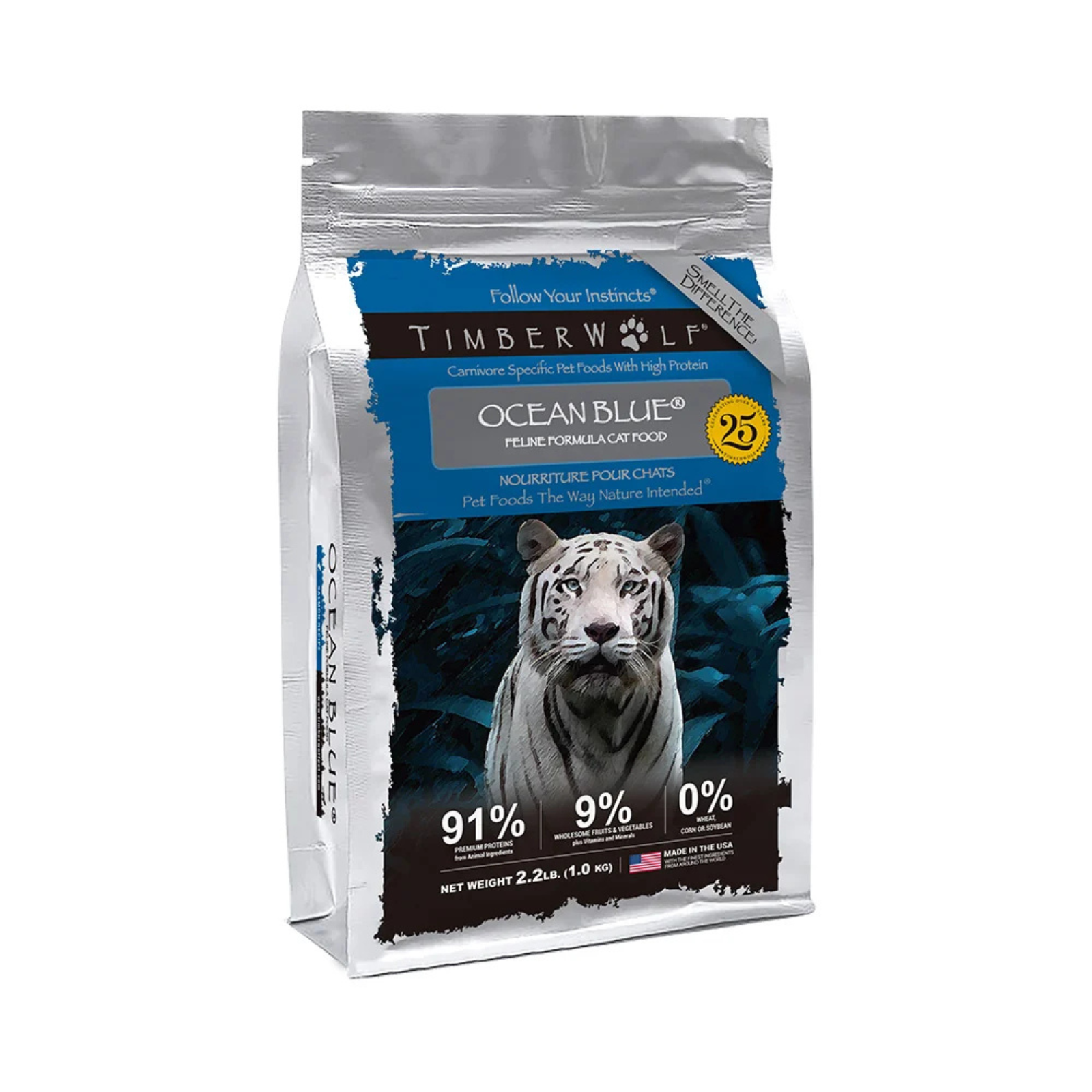 TimberWolf Ocean Blue cat food package with a white tiger on the label