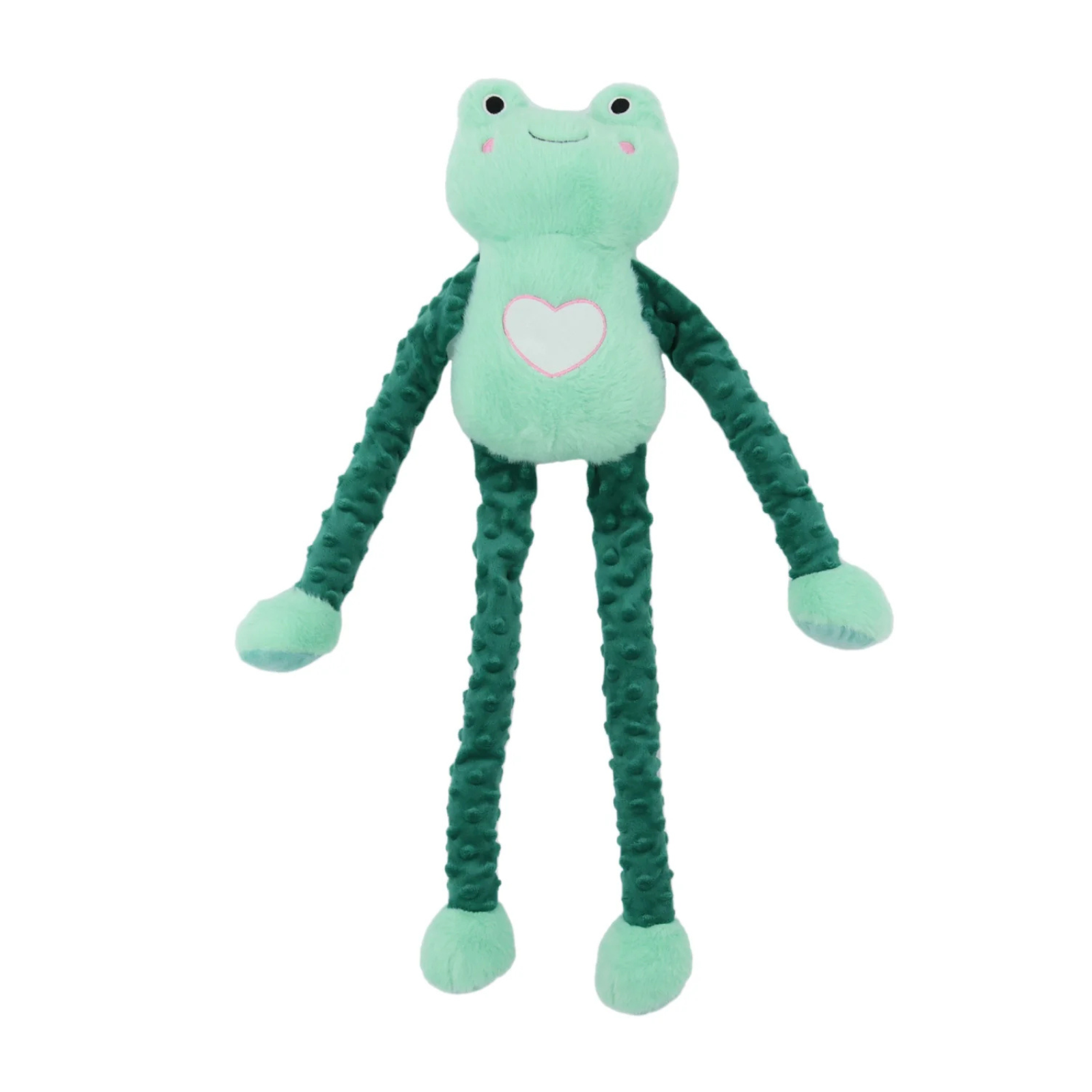 A plush frog toy with a mint green head and belly, dark green textured legs and arms, and a light pink heart on its chest, shown against a plain white background.