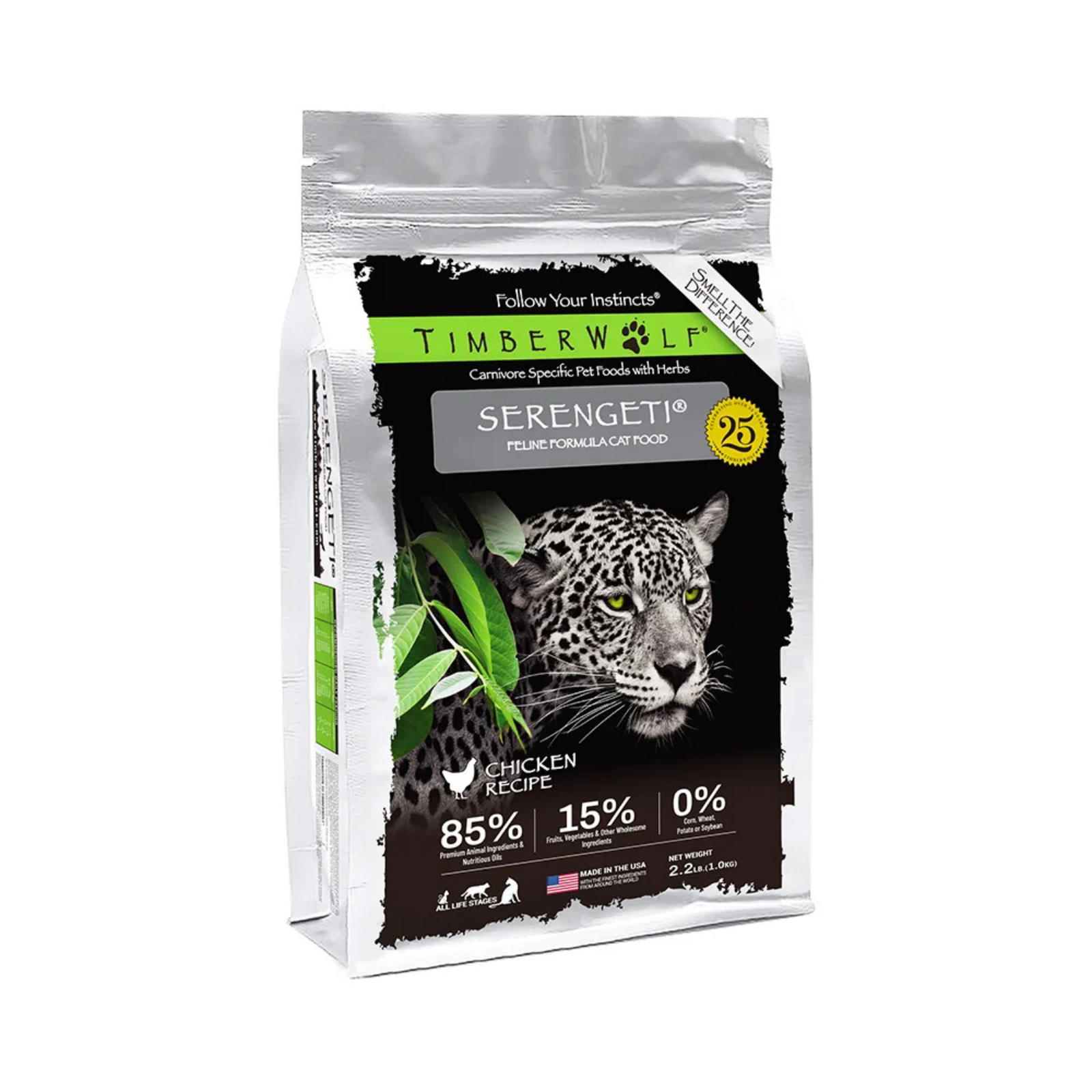 TimberWolf Serengeti cat food package with a leopard illustration on a white background