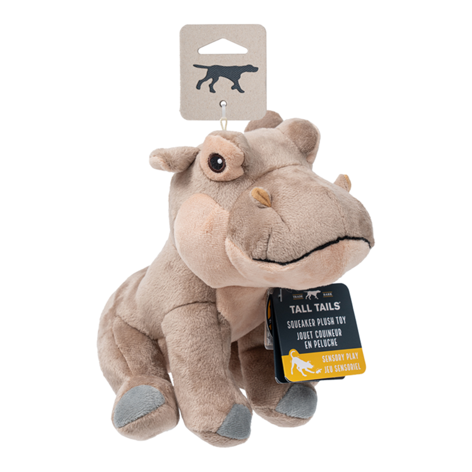 A plush toy hippopotamus dog chew with a hanging tag and retail card, photographed on a plain white background.