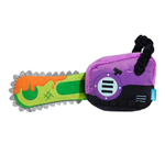 Toy chainsaw with purple handle and colorful blade on a white background