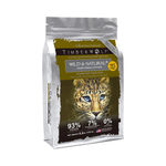 A bag of TimberWolf Wild & Natural Pellet Formula Cat Food, featuring a realistic leopard graphic on a silver and olive-brown package, isolated on a white background.