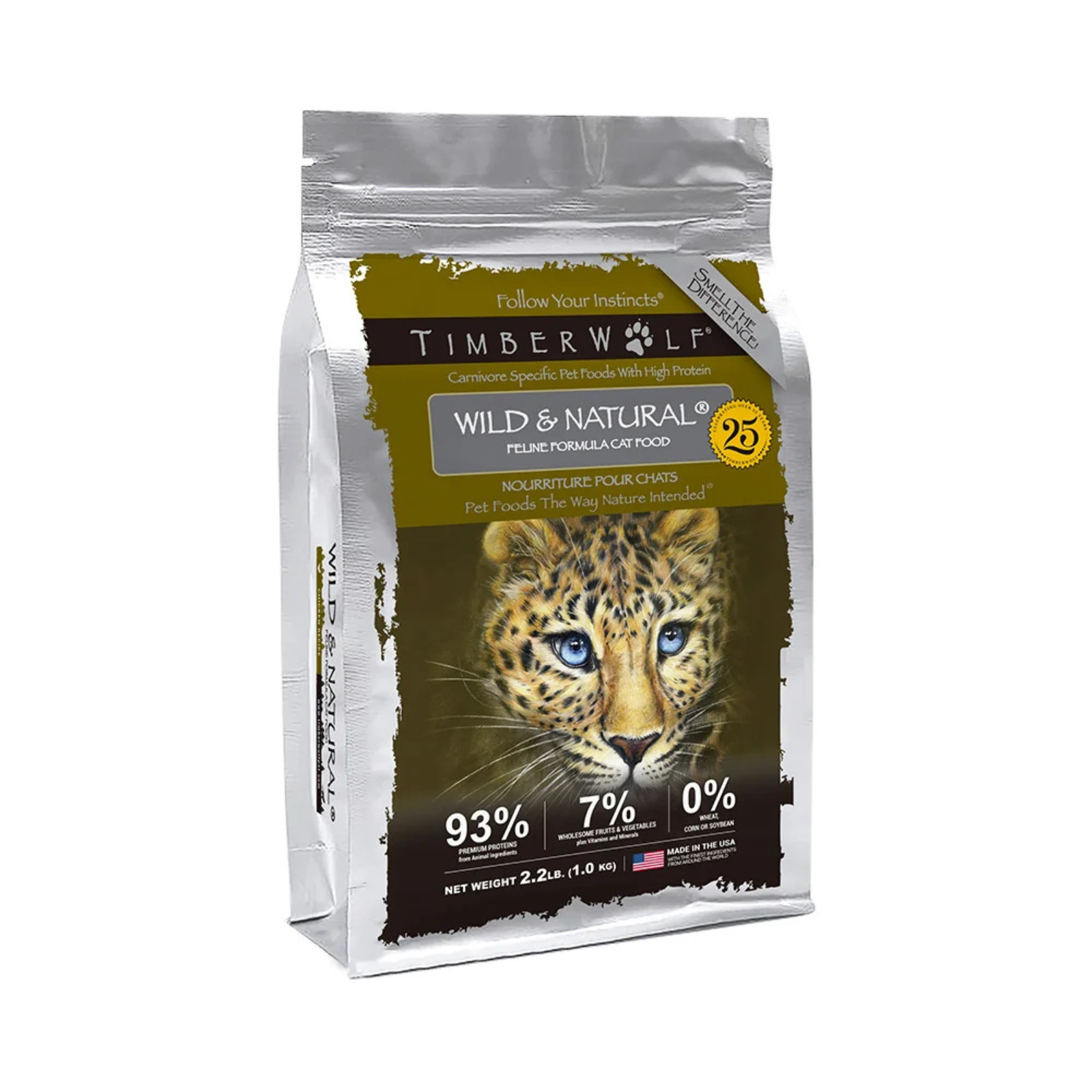 A bag of TimberWolf Wild & Natural Pellet Formula Cat Food, featuring a realistic leopard graphic on a silver and olive-brown package, isolated on a white background.