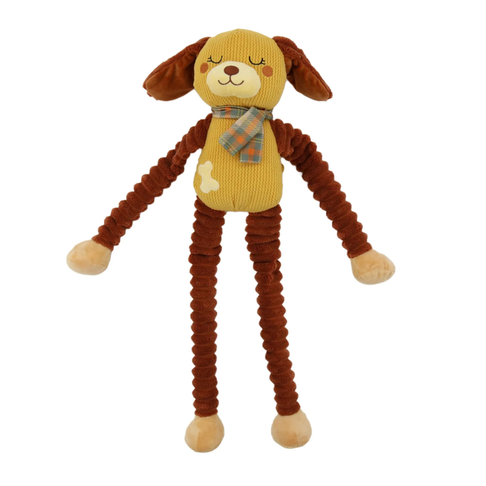 Plush dog toy with a scarf on a white background