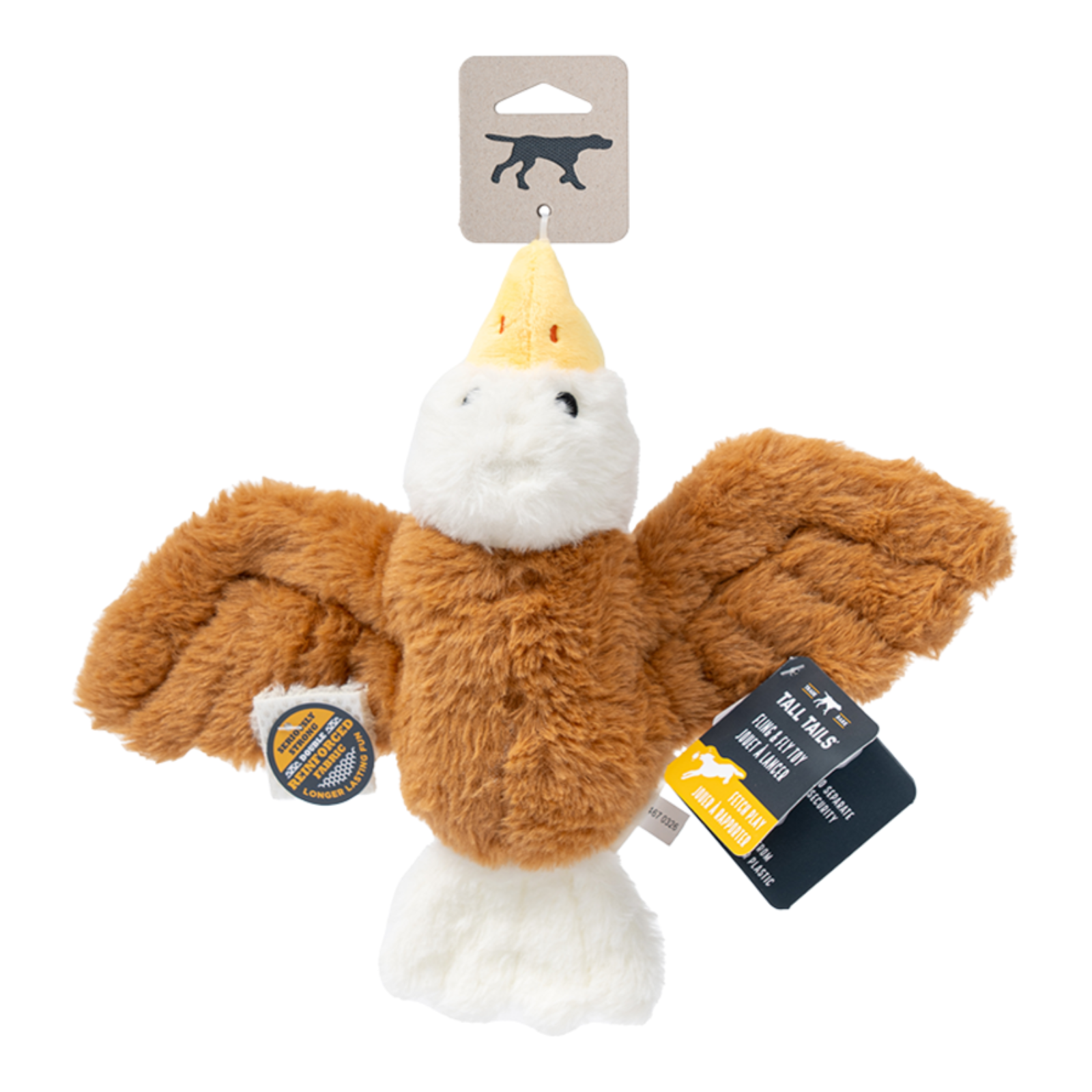 A plush eagle toy with brown and white feathers, a yellow beak, and attached retail tags, photographed on a plain white background.