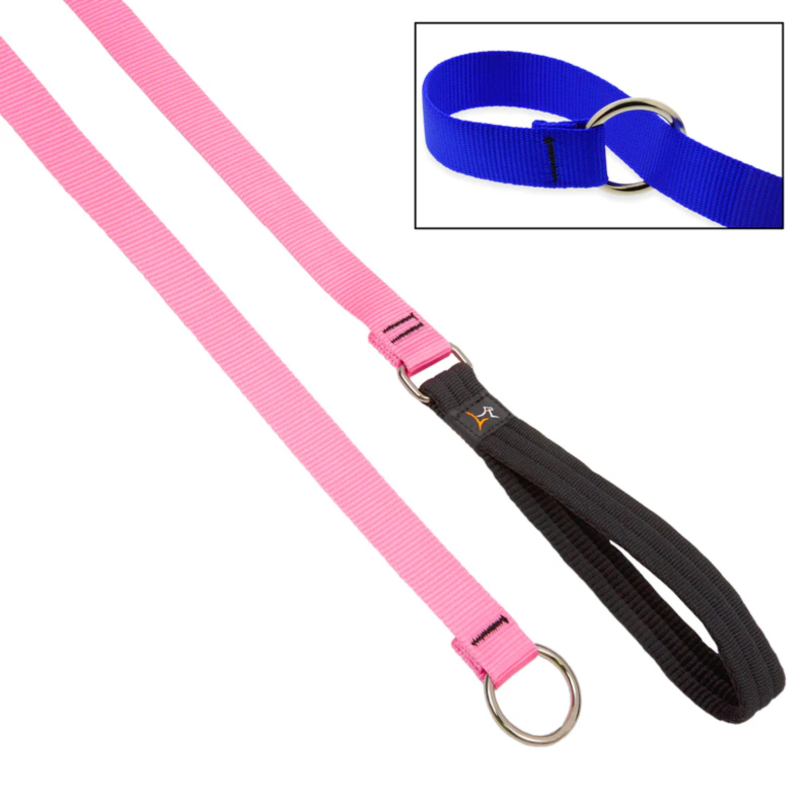 Pink dog leash with black handle and blue collar inset on a white background