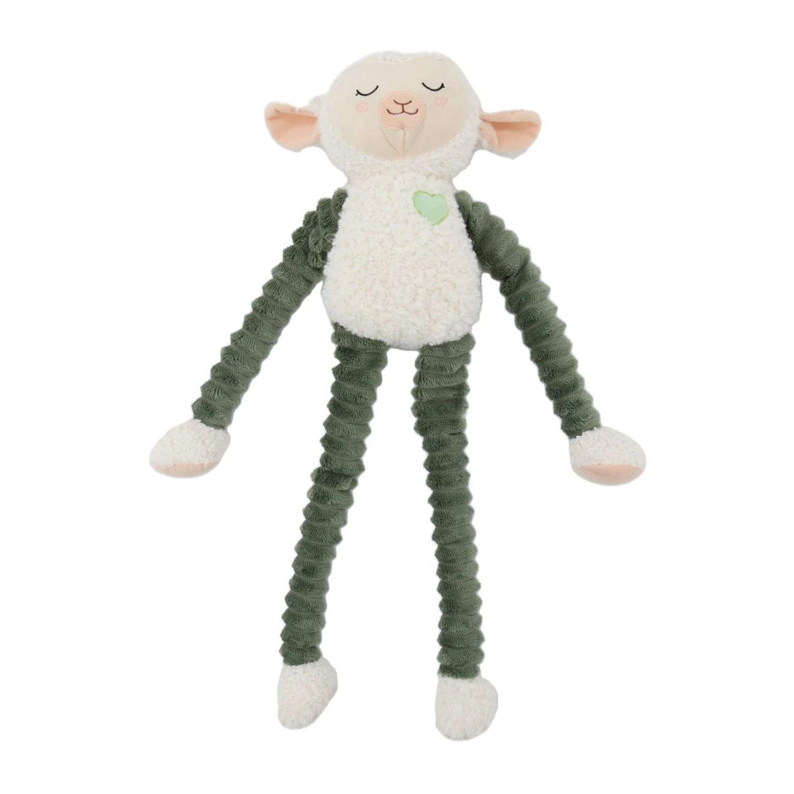A plush lamb-shaped dog toy with long, ribbed green legs and arms, a cream-colored fluffy body, and a small mint green heart on the chest, shown against a plain white background.