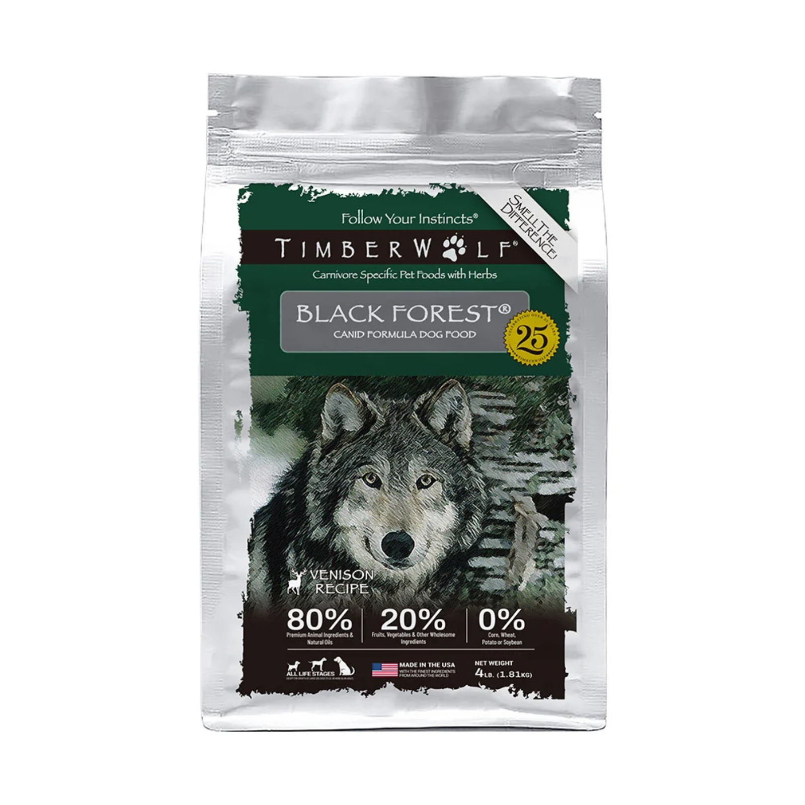 A package of TimberWolf Black Forest dry dog food, featuring a wolf graphic on the front of the silver bag against a white background.