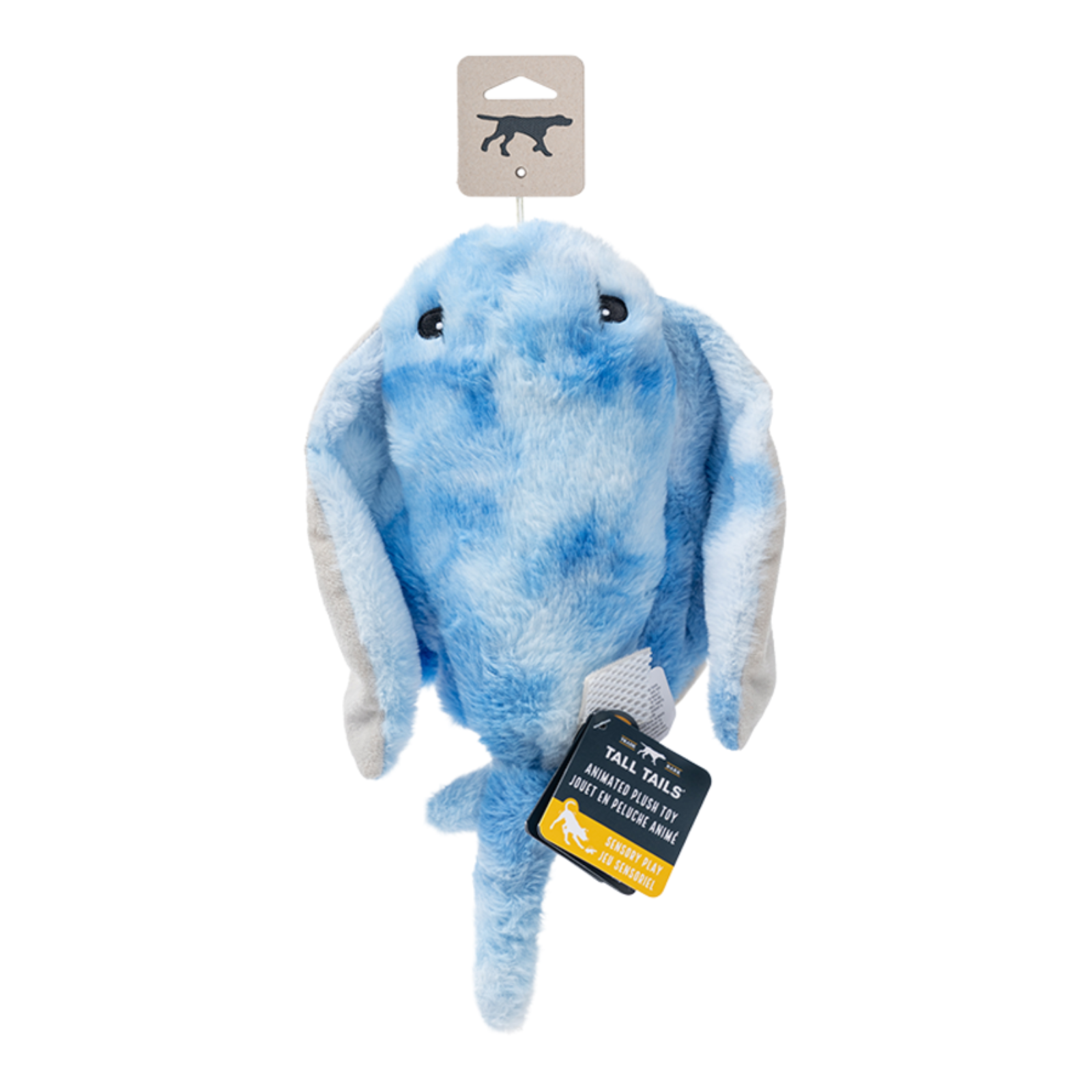 A blue and white plush dog toy shaped like a seal or sea lion, hanging from a cardboard display header with a black product tag that reads 'SEAL TAILS'.